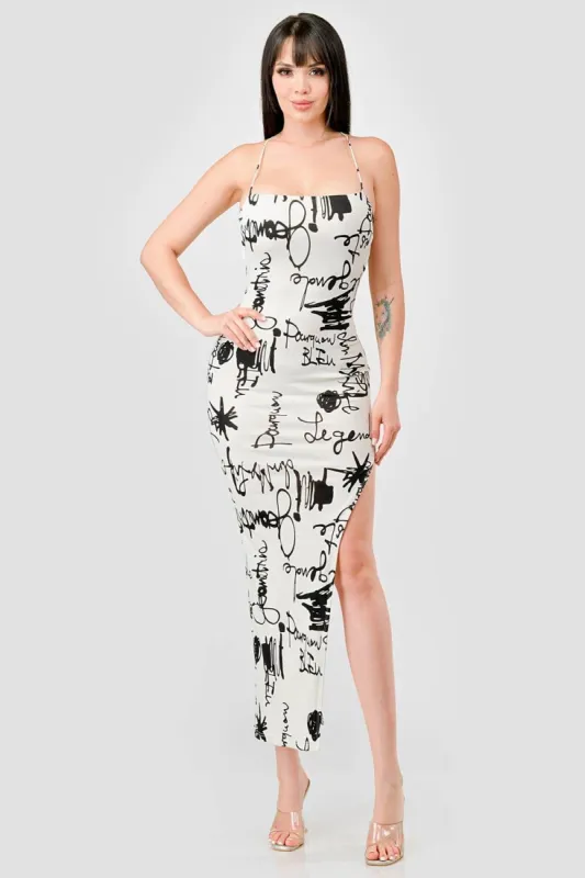 MPD1285-W / SEXY VENECHIA PRINT DRAWSTRING LACE BACK MIDI DRESS made by privy
