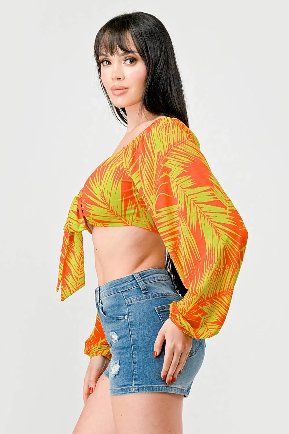 TROPICAL LEAF PRINT PEASANT KNOT FRONT TIE TOP sold by privy product image thumbnail 3