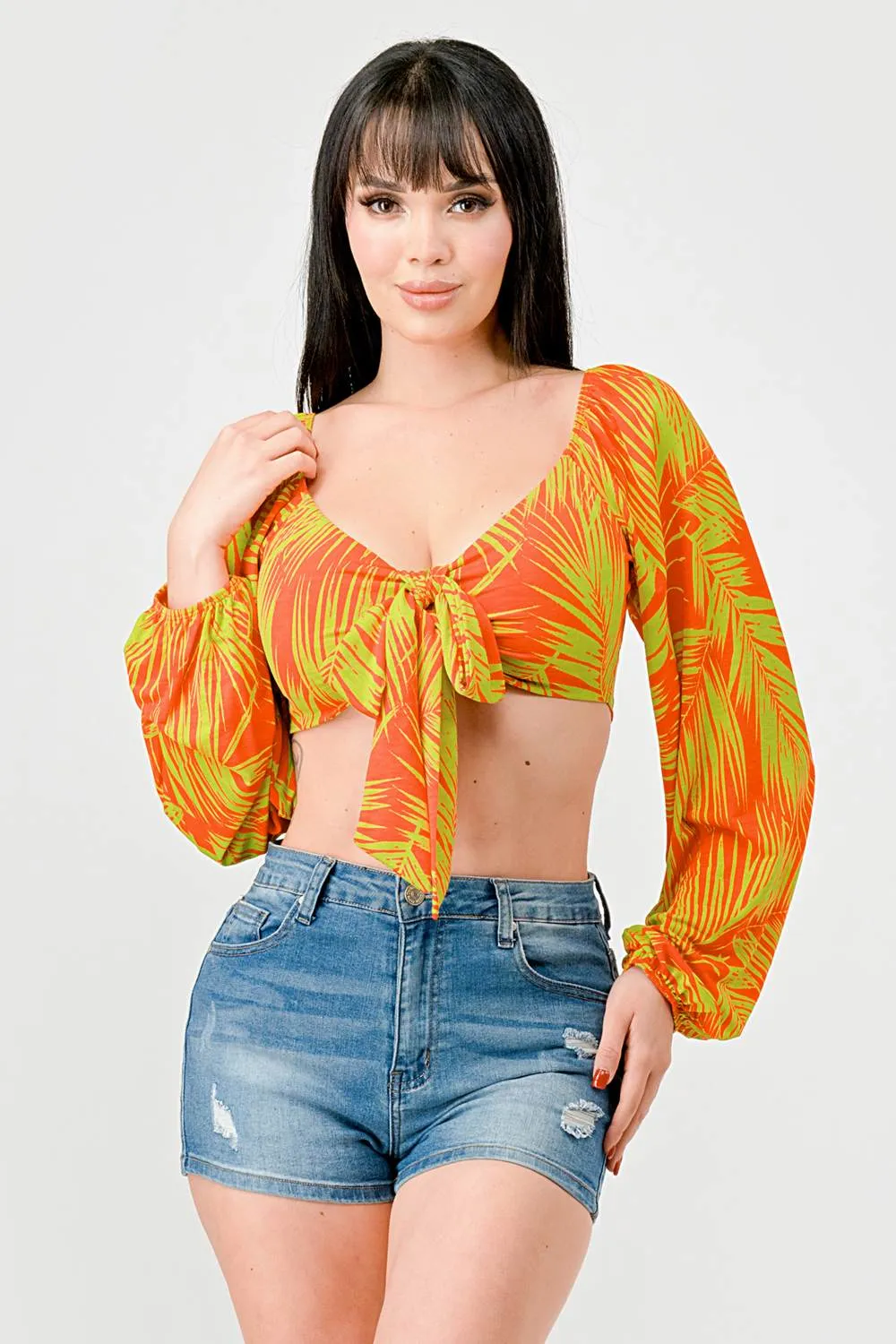 TROPICAL LEAF PRINT PEASANT KNOT FRONT TIE TOP sold by privy