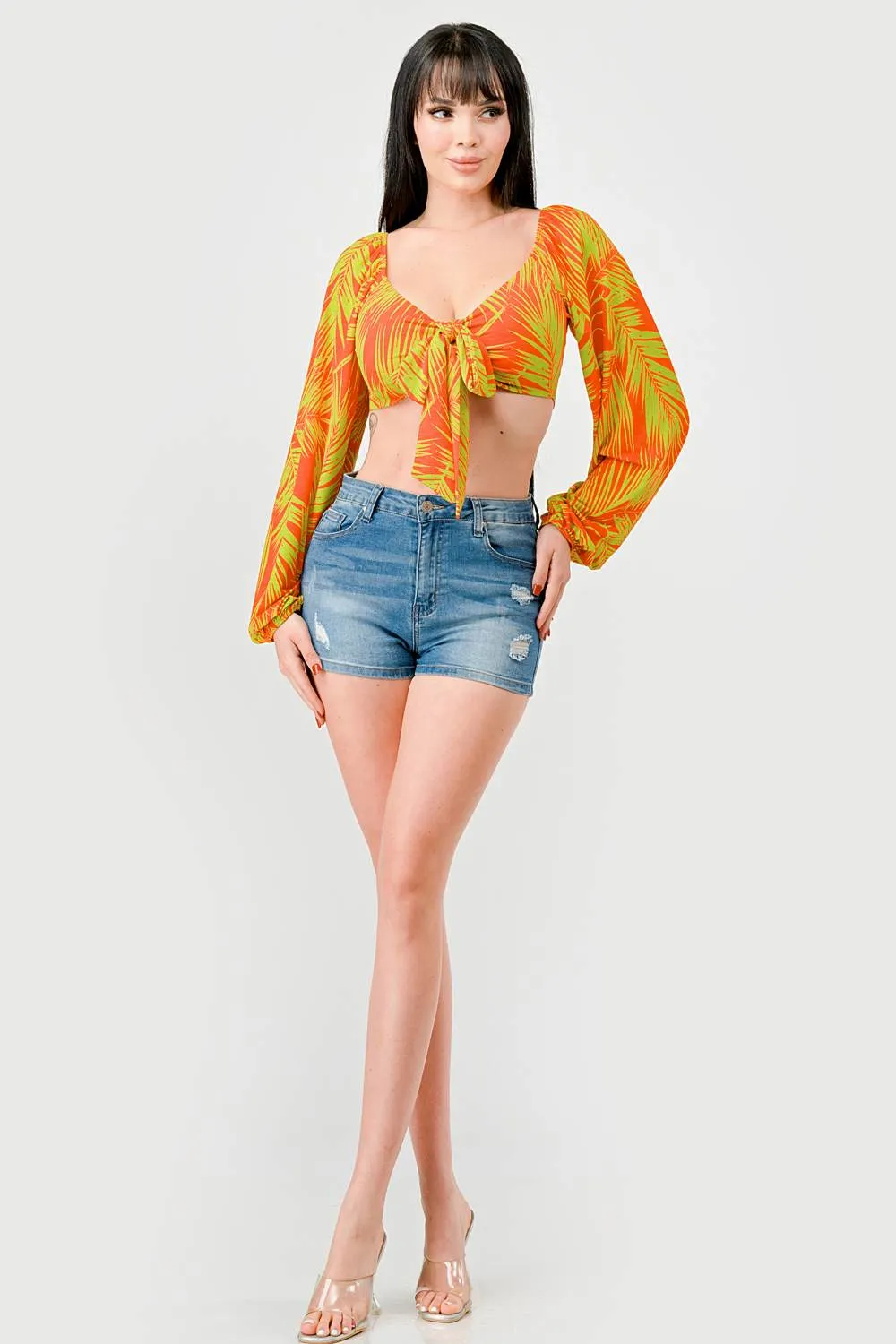 TROPICAL LEAF PRINT PEASANT KNOT FRONT TIE TOP sold by privy product image thumbnail 5