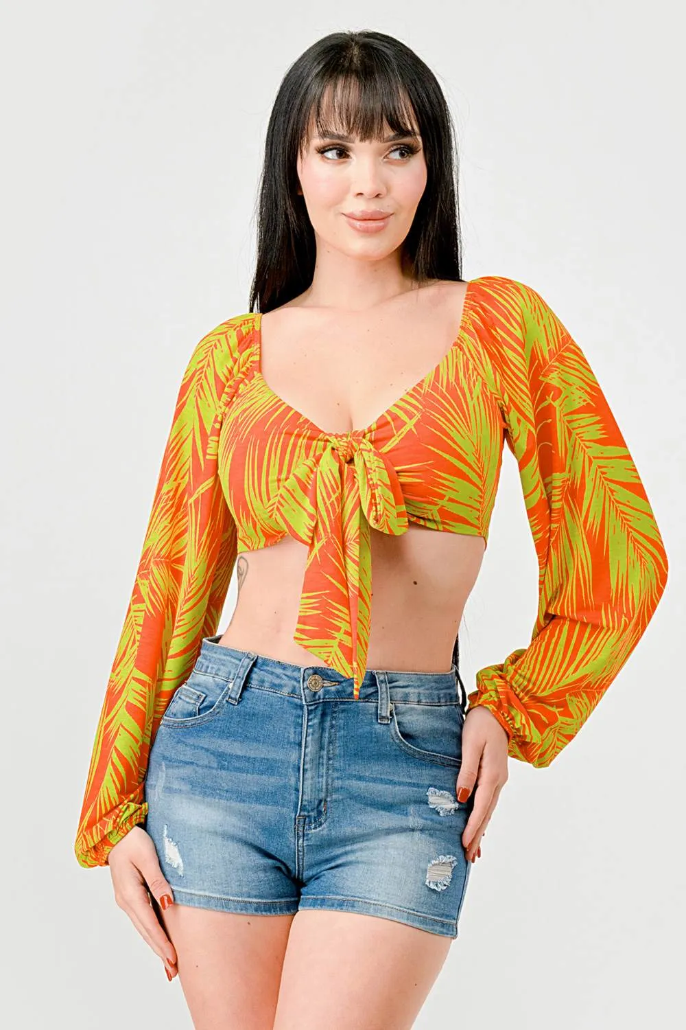 TROPICAL LEAF PRINT PEASANT KNOT FRONT TIE TOP sold by privy product image thumbnail 2