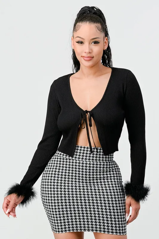 RIB KNIT FRONT TIE FUR TRIM CROPPED CARDIGAN sold by privy