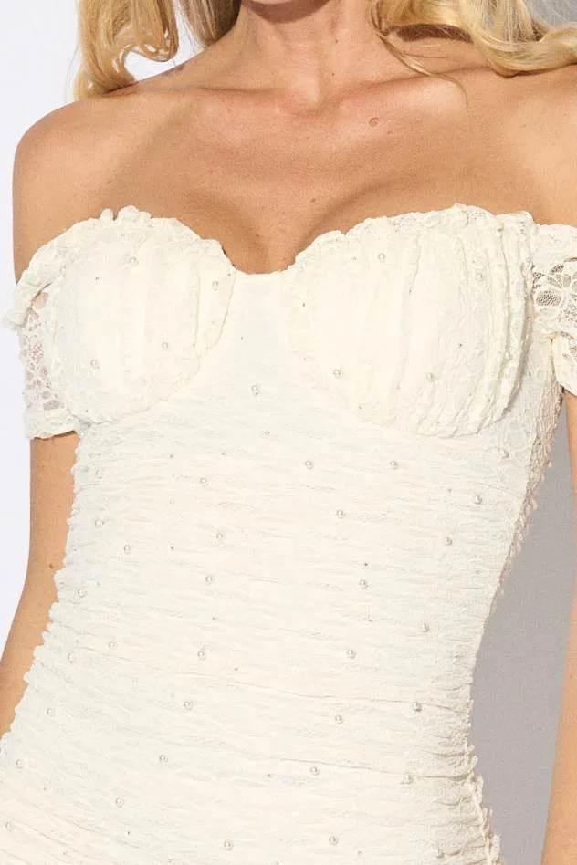 LUX LACE PEARL EMBELLISHED OFF SHOULDER MINI DRESS sold by privy product image thumbnail 5