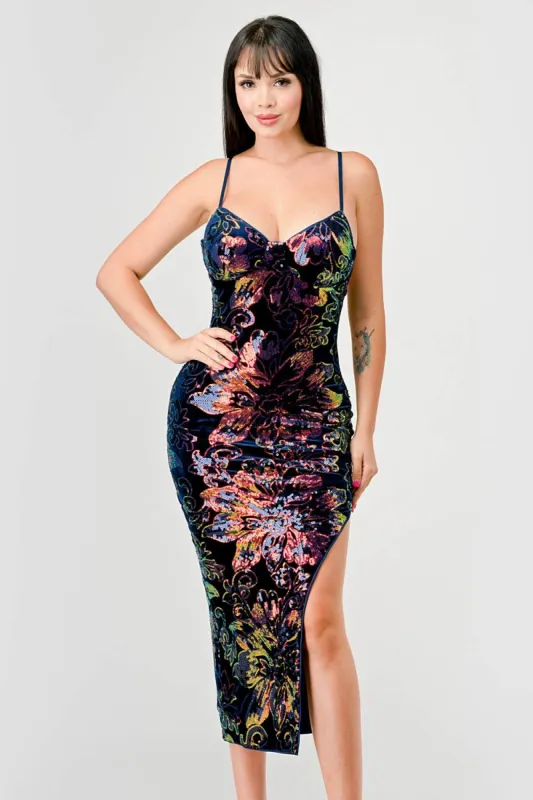 LUXE VELVET SEQUINS SWEETHEART SLITTED MIDI DRESS sold by privy
