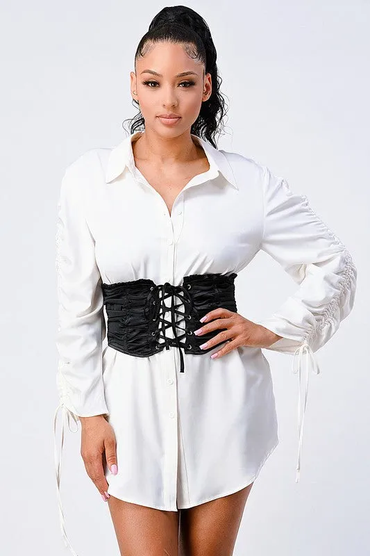 RUCHED SATIN LACE-UP CORSET BELT sold by privy