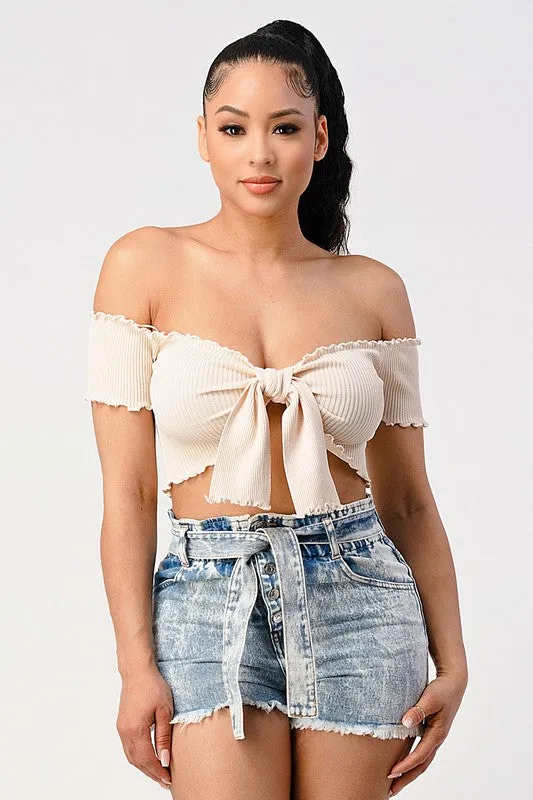 CHIC RIBBED KNIT OFF SHOULDER FRONT-TIE CROP TOP sold by privy product image thumbnail 4
