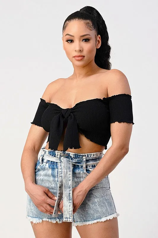 CHIC RIBBED KNIT OFF SHOULDER FRONT-TIE CROP TOP sold by privy