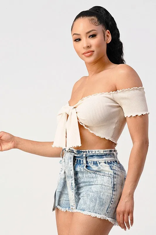 CHIC RIBBED KNIT OFF SHOULDER FRONT-TIE CROP TOP sold by privy product image thumbnail 5