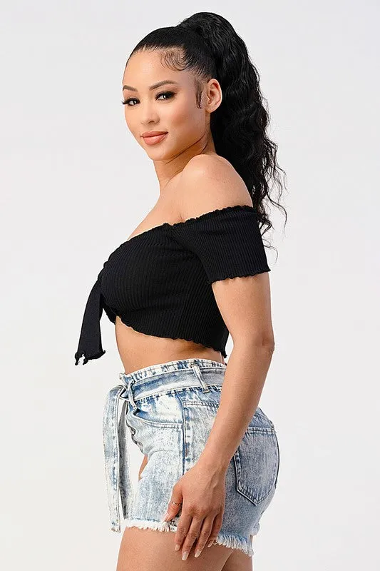 CHIC RIBBED KNIT OFF SHOULDER FRONT-TIE CROP TOP sold by privy product image thumbnail 2
