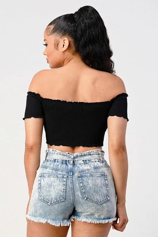 CHIC RIBBED KNIT OFF SHOULDER FRONT-TIE CROP TOP sold by privy product image thumbnail 3