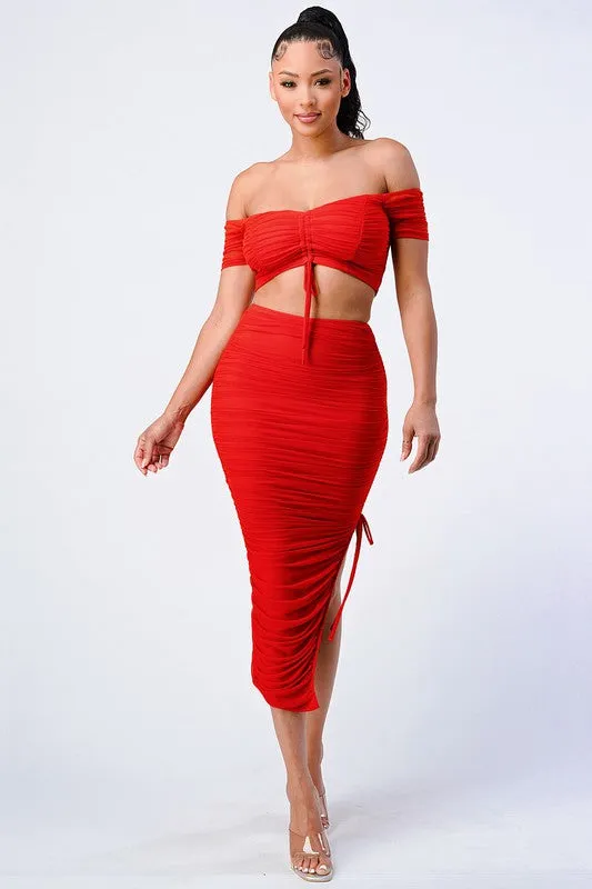 PS8502N / LUXE RUCHIING OFF SHOULDER SET WITH THIGH SLIT sold by privy