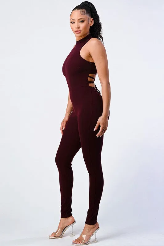 TRENDY STRAP-TIE BACK ZIP-UP BODYCON JUMPSUIT sold by privy product image thumbnail 2