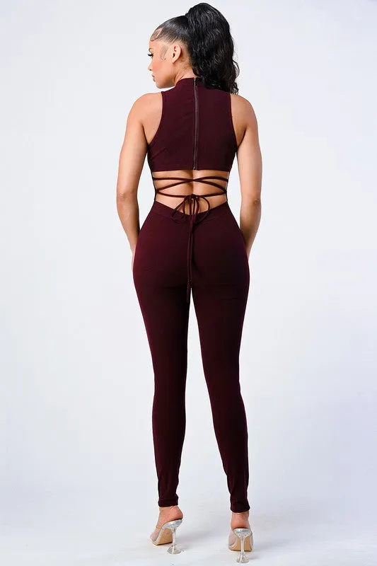 TRENDY STRAP-TIE BACK ZIP-UP BODYCON JUMPSUIT sold by privy product image thumbnail 3
