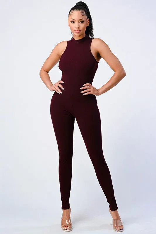 TRENDY STRAP-TIE BACK ZIP-UP BODYCON JUMPSUIT sold by privy
