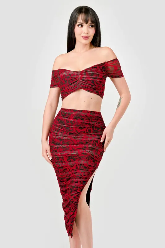 VINTAGE PRINT MESH CROPPED TOP & SLITTED SKIRT SET sold by privy