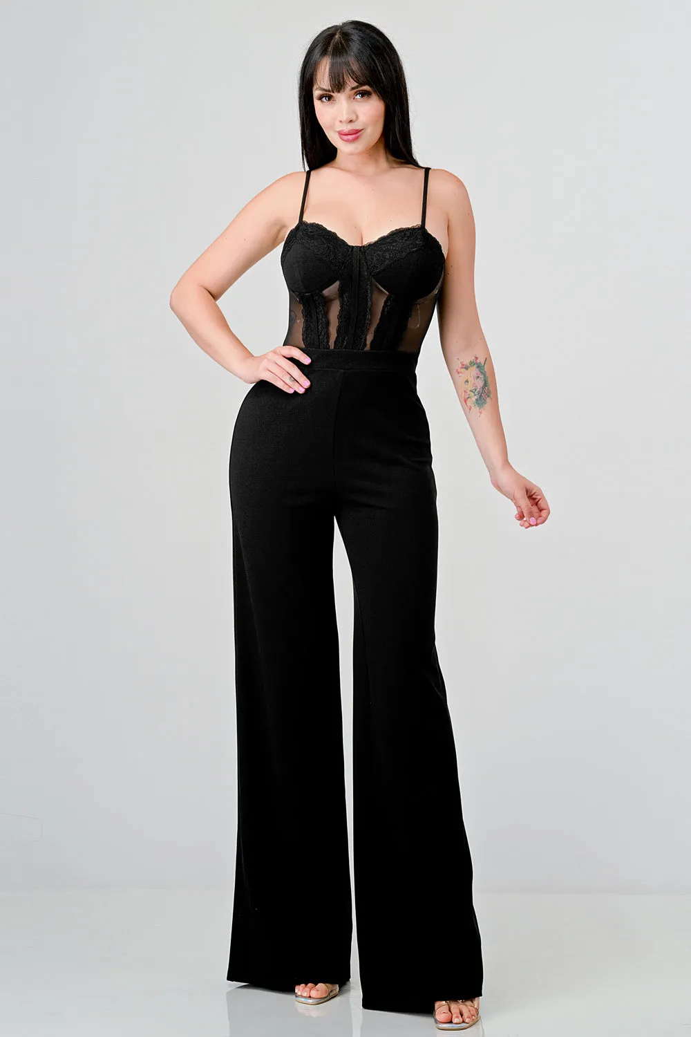 LUXE LACE SWEETHEART MESH CONTRAST JUMPSUIT sold by privy