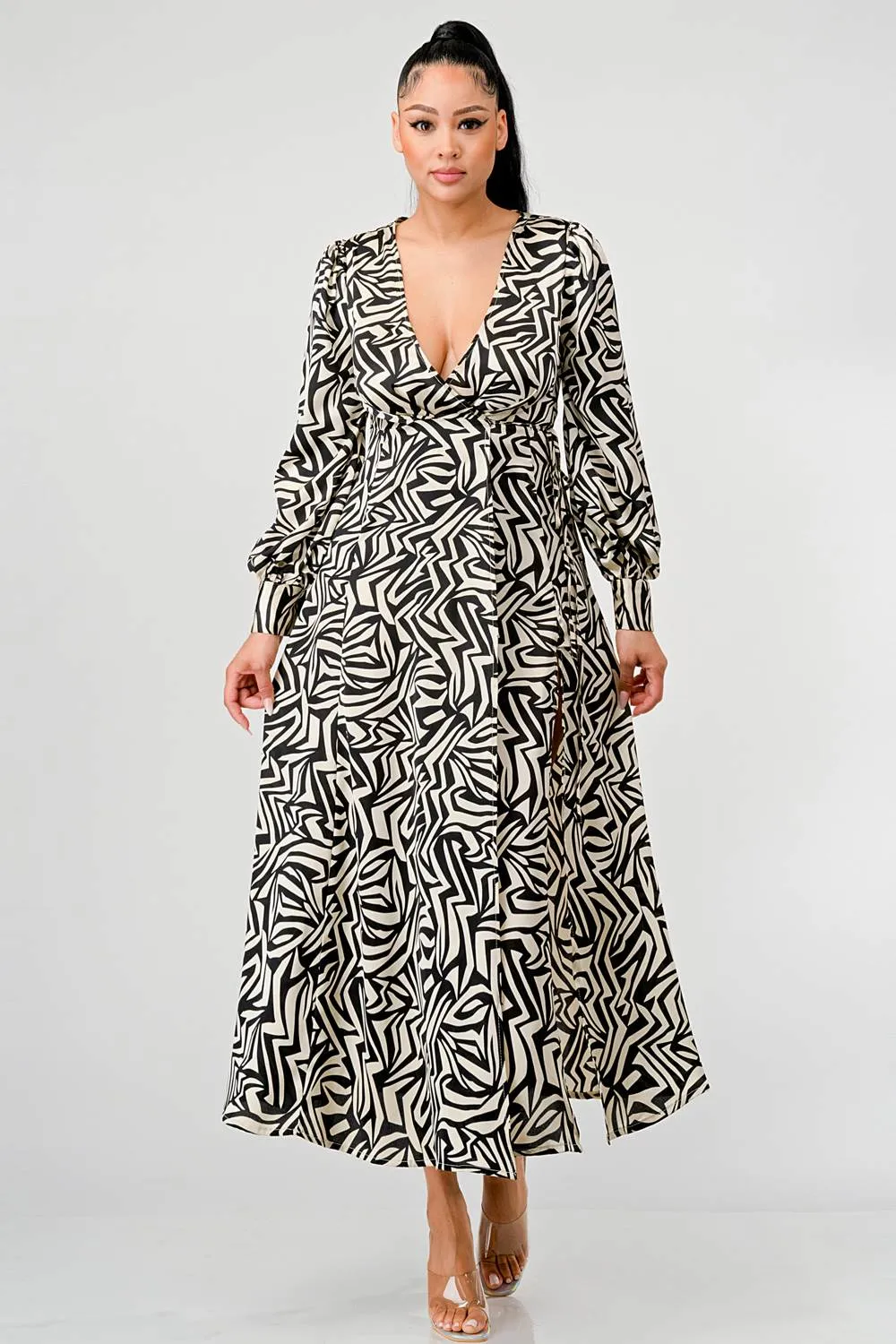 ABSTRACT PRINT DEEP V-NECK SLITTED MAXI DRESS sold by privy product image thumbnail 2