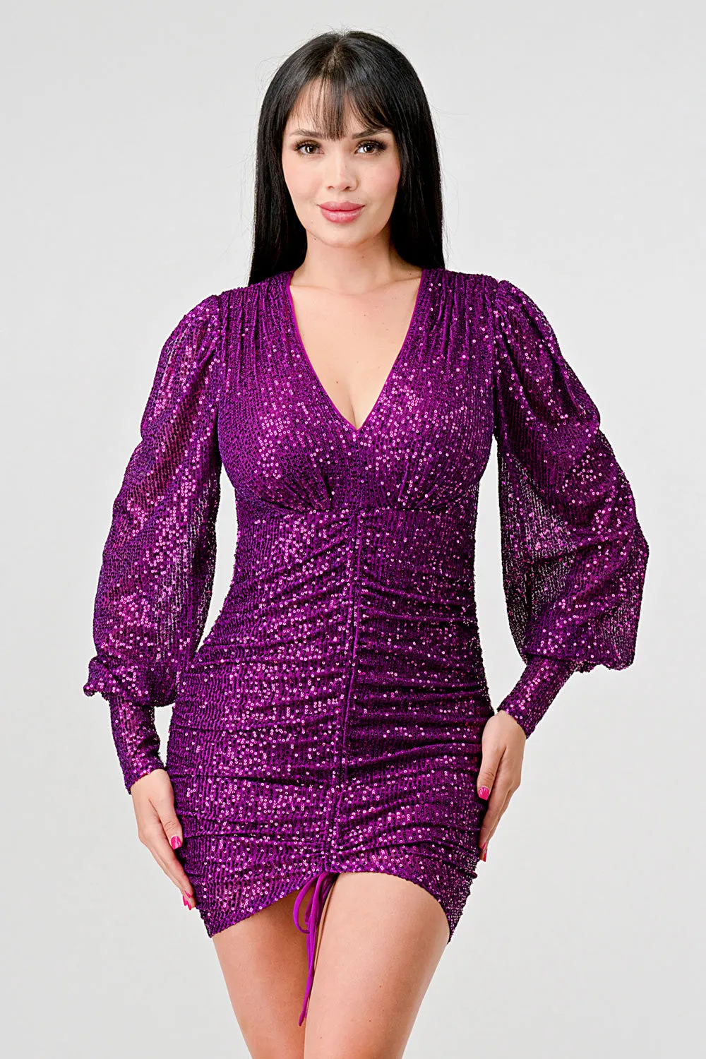CHIC SEQUIN FRONT DRAWSTRING LONG SLEEVE DRESS sold by privy