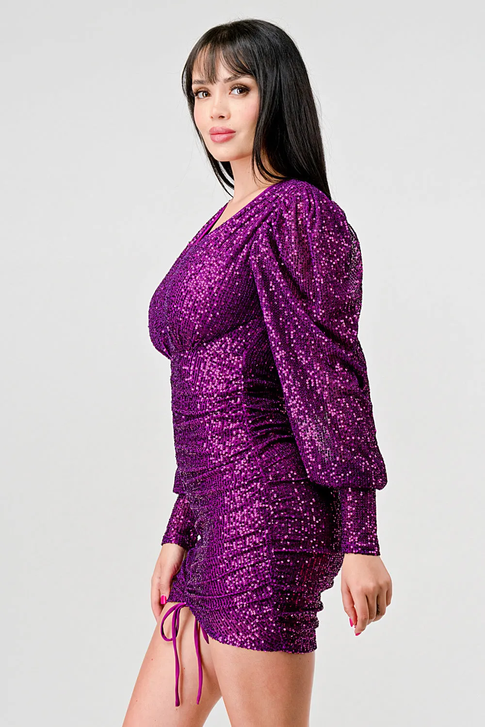 CHIC SEQUIN FRONT DRAWSTRING LONG SLEEVE DRESS sold by privy product image thumbnail 2