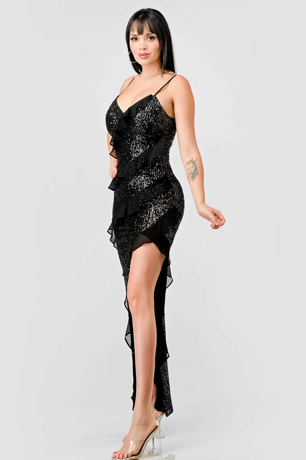 LUXE SEQUINS SHEER WAVE BODYCON SLITTED MAXI DRESS sold by privy product image thumbnail 3