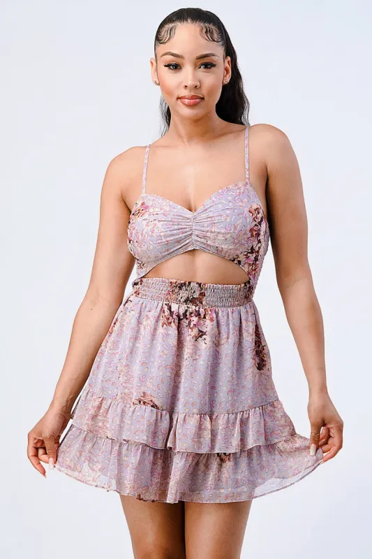 PD72077S-W / FLORAL CHIFFON SMOCKED RUFFLED MINI DRESS sold by privy