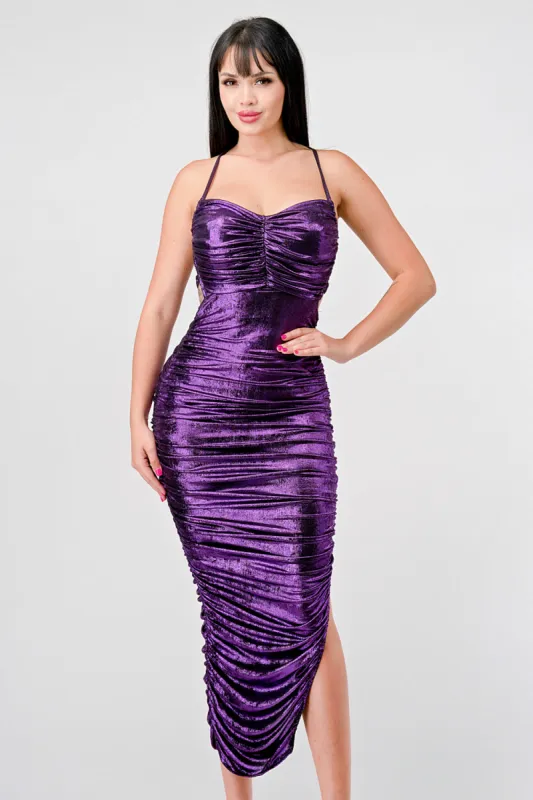 SEXY LIQUID FOILD DRAWSTRING LACE BACK MAXI DRESS sold by privy