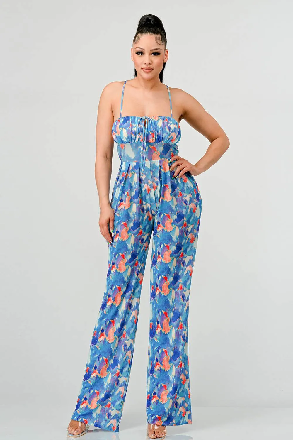 WATERCOLOR PRINT MOSS CREPE KNIT WIDE-LEGS JUMPSUIT sold by privy product image thumbnail 4