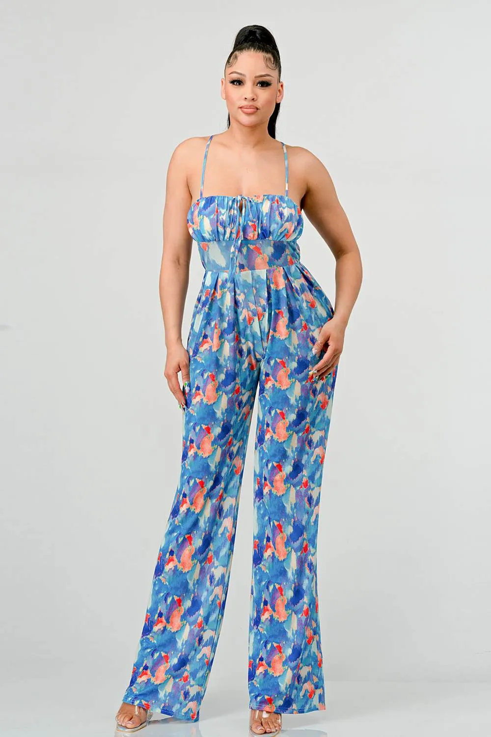 WATERCOLOR PRINT MOSS CREPE KNIT WIDE-LEGS JUMPSUIT sold by privy