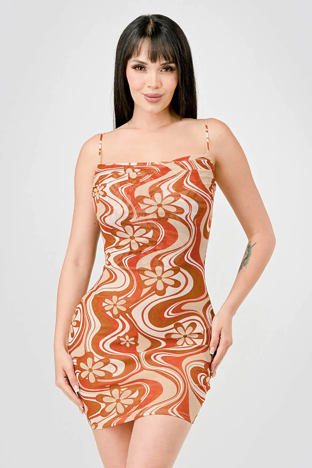 FLORAL PRINT MESH COWL NECK BODYCON MINI DRESS sold by privy