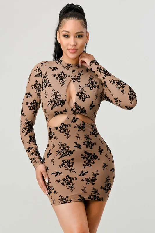 LUX FLORAL VELVET MESH FLOCKING CUTOUTS MINI DRESS sold by privy