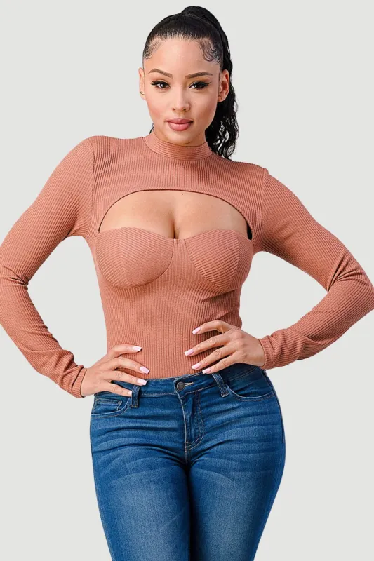 RIB KNIT SWEETHEART CUTOUT KEYHOLE BODYSUIT TOP sold by privy