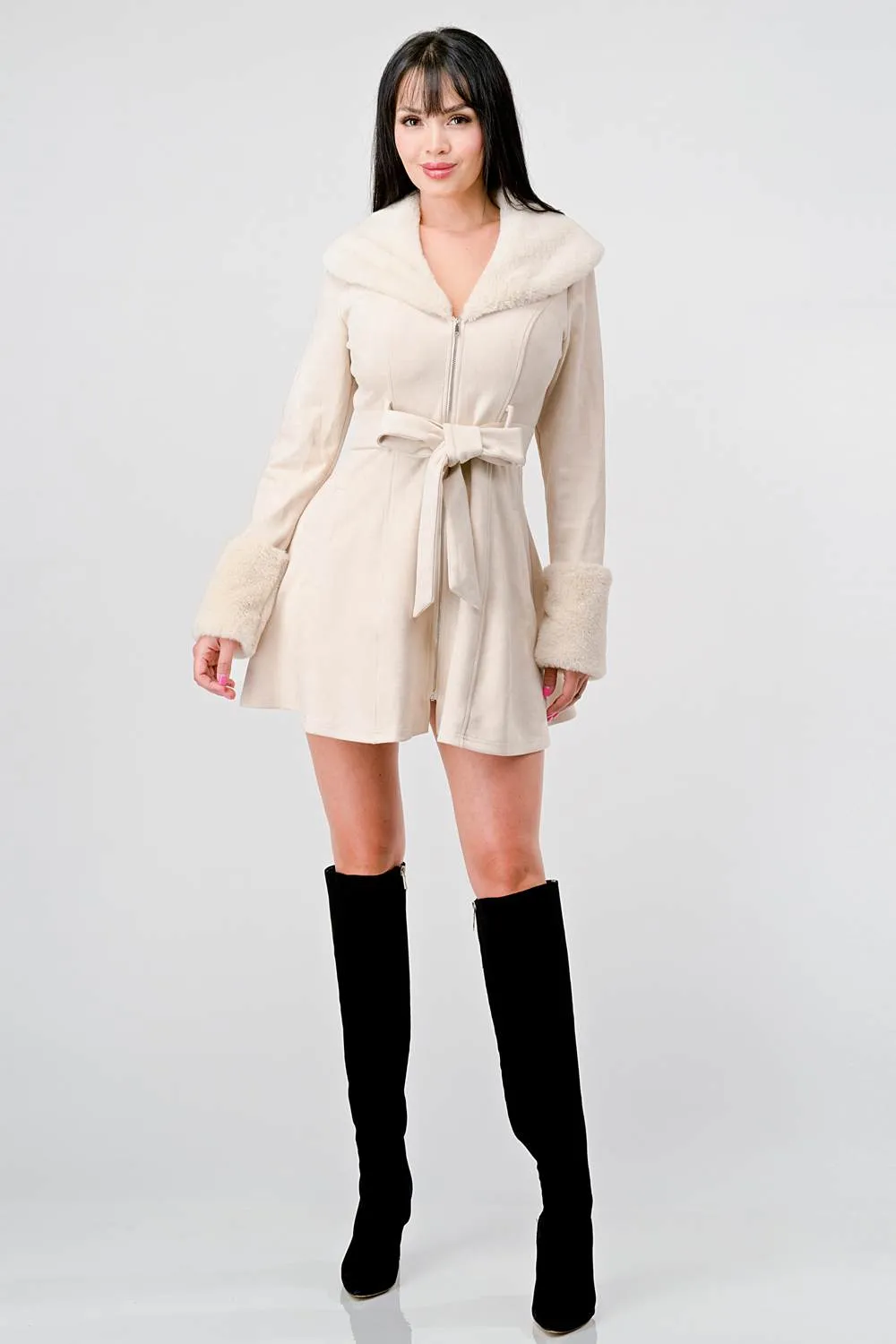 CLASSY TECHNO FAUX FUR TRIM SUEDE WAIST TIE JACKET sold by privy product image thumbnail 5