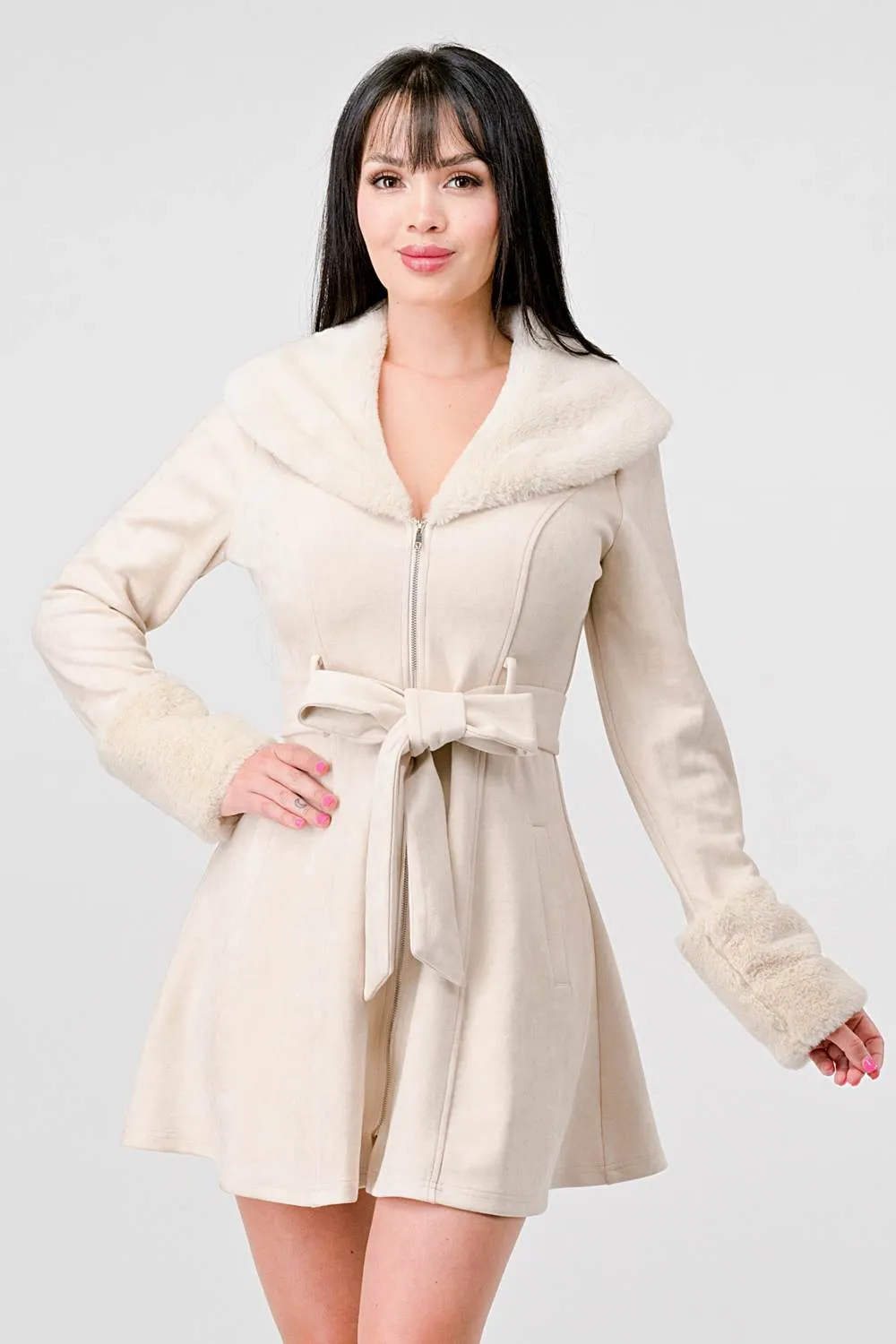CLASSY TECHNO FAUX FUR TRIM SUEDE WAIST TIE JACKET sold by privy product image thumbnail 4