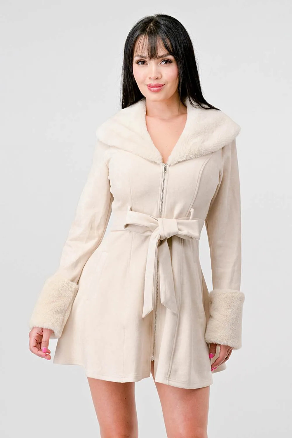 CLASSY TECHNO FAUX FUR TRIM SUEDE WAIST TIE JACKET sold by privy