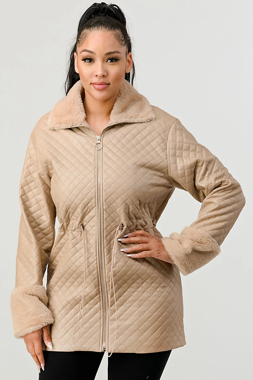 FUZZY FUR FAUX LEATHER QUILTED ZIPUP JACKETS sold by privy