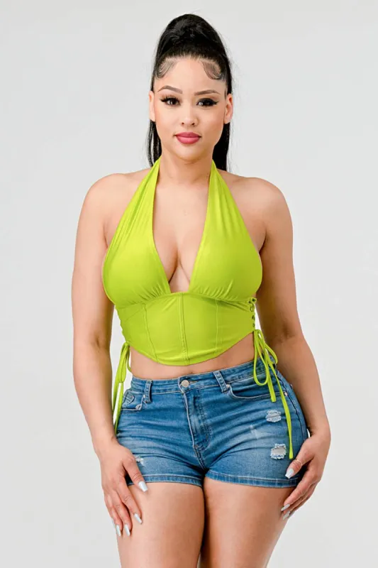 CRYSTAL LACE UP SIDE DETAIL HALTER BUSTIER TOP sold by privy