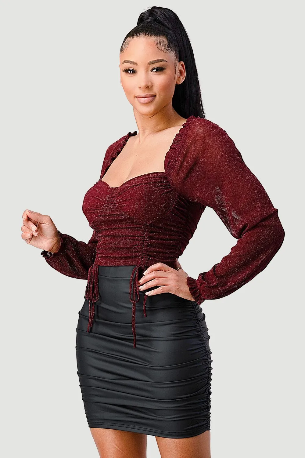 PT41622H / METALLIC GLITTER RUCHED SWEETHEART RUFFLE CROP TOP sold by privy product image thumbnail 2