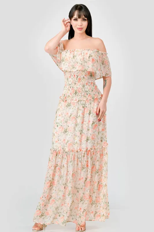 PD75892N-W / FLORAL CHIFFON OFF SHOULDER RUFFLED MAXI DRESS sold by privy