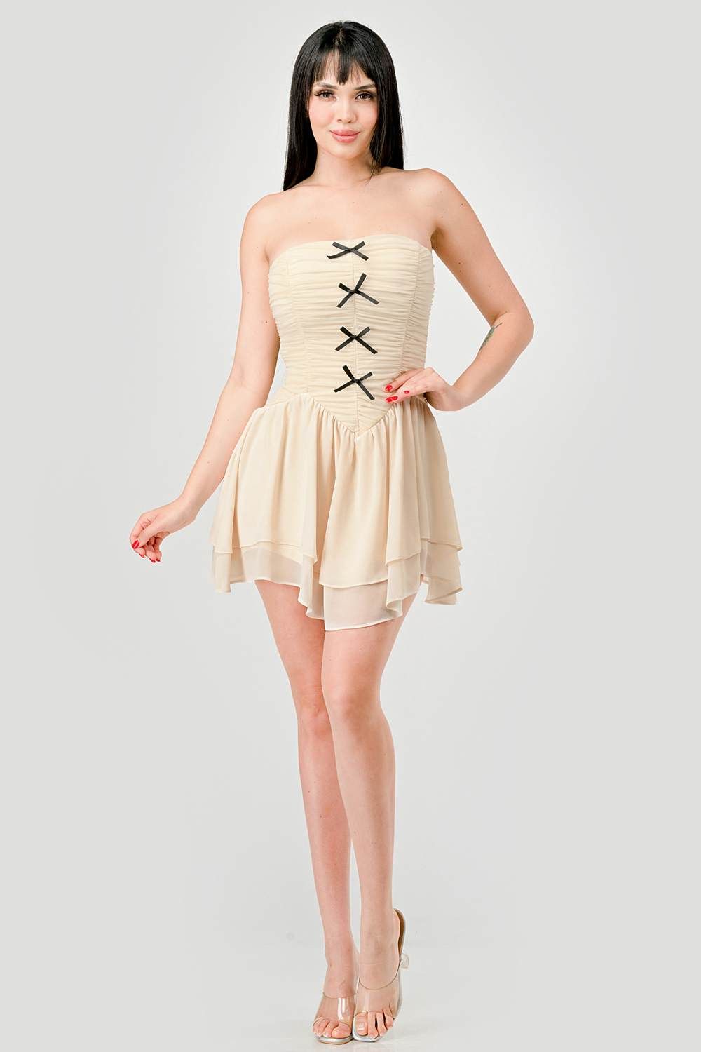 PD77119B-W / ROMANTIC BOWS MESH RUCHED TULLE TUBE MINI DRESS sold by privy product image thumbnail 5