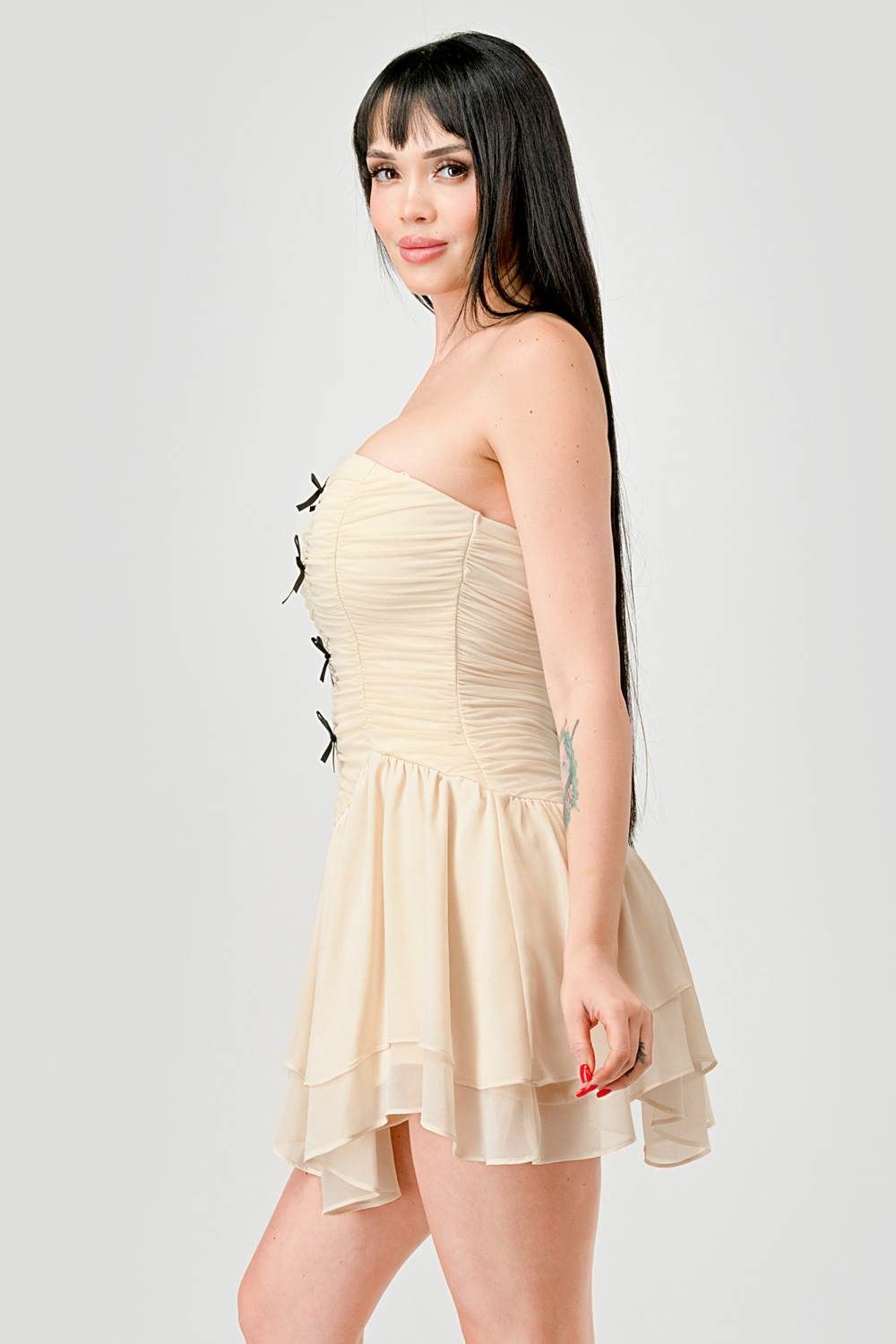 PD77119B-W / ROMANTIC BOWS MESH RUCHED TULLE TUBE MINI DRESS sold by privy product image thumbnail 3