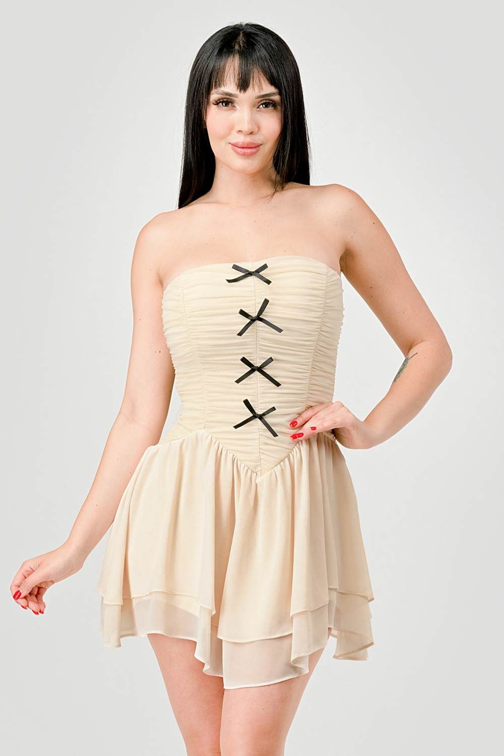 PD77119B-W / ROMANTIC BOWS MESH RUCHED TULLE TUBE MINI DRESS sold by privy