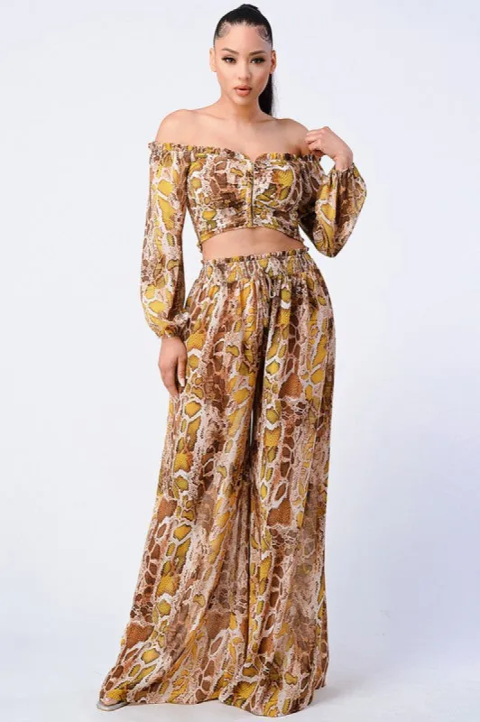 SEXY PYTHON OFF SHOULDER TOP AND WIDE PANTS SET sold by privy