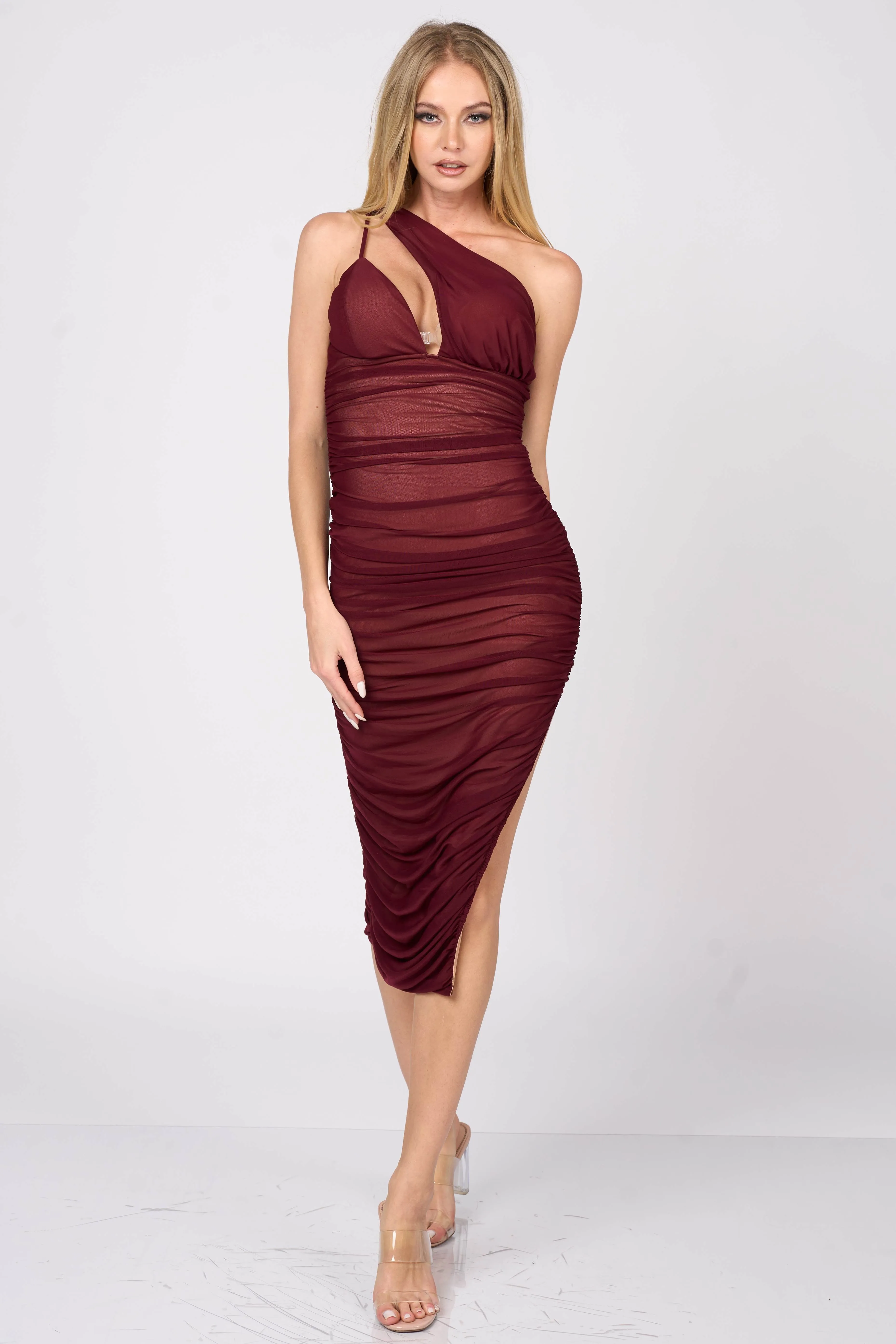 LUXE MESH ASYMMETRIC ONE SHOULDER CUTOUT MIDI RESS sold by privy product image thumbnail 4