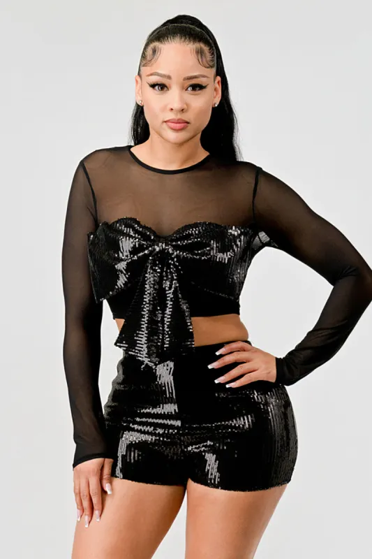 SEXY SHEER SEQUIN RIBBON CROP TOP AND SHORT SETS sold by privy