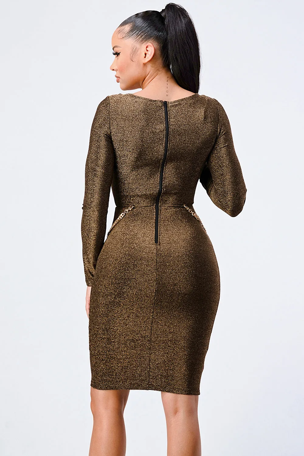 LUXE WAIST GOLD CHAIN CUT-OUT GLITTER DRESS sold by privy product image thumbnail 3