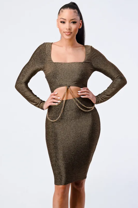 LUXE WAIST GOLD CHAIN CUT-OUT GLITTER DRESS sold by privy
