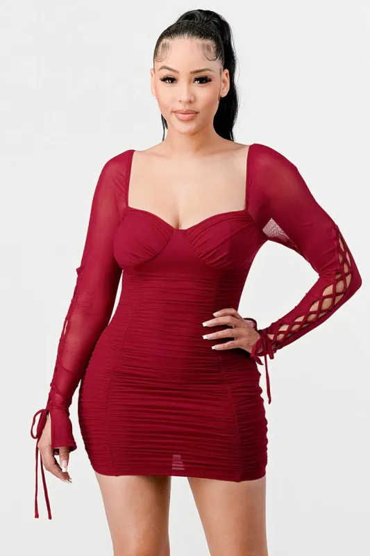 SEXY RUCHED MESH DRAWSTRING CROSS SLEEVES MINI DRESS sold by privy