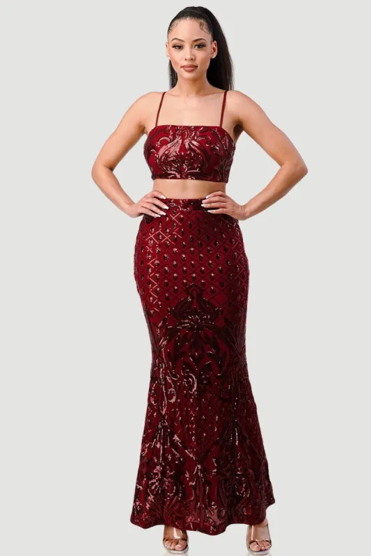 SEXY SEQUIN EMBELLISHED TOP AND MAXI SKIRT SET sold by privy
