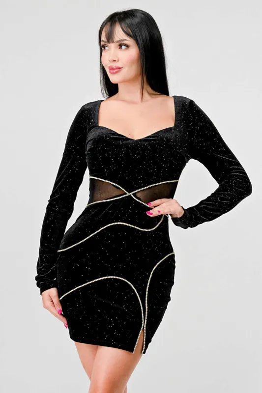 LUXE VELVET GLITTER RHINESTONES EMBELLISHED DRESS sold by privy