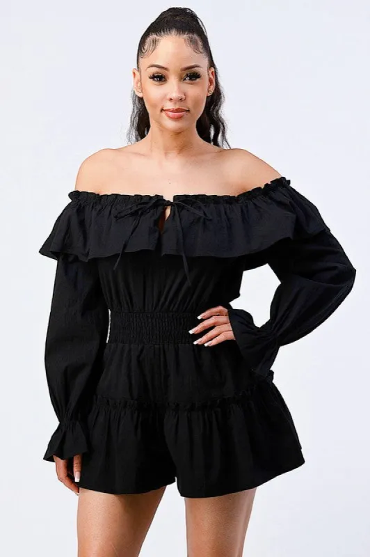PJ10433S-W / OFF SHOULDER RUFFLED LAYERED PUFF BLEE SLEEVES ROMPER sold by privy